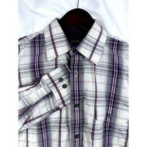 Alfani Mens Plaid Long Sleeve Button Down Shirt Purple Gray White Size Medium